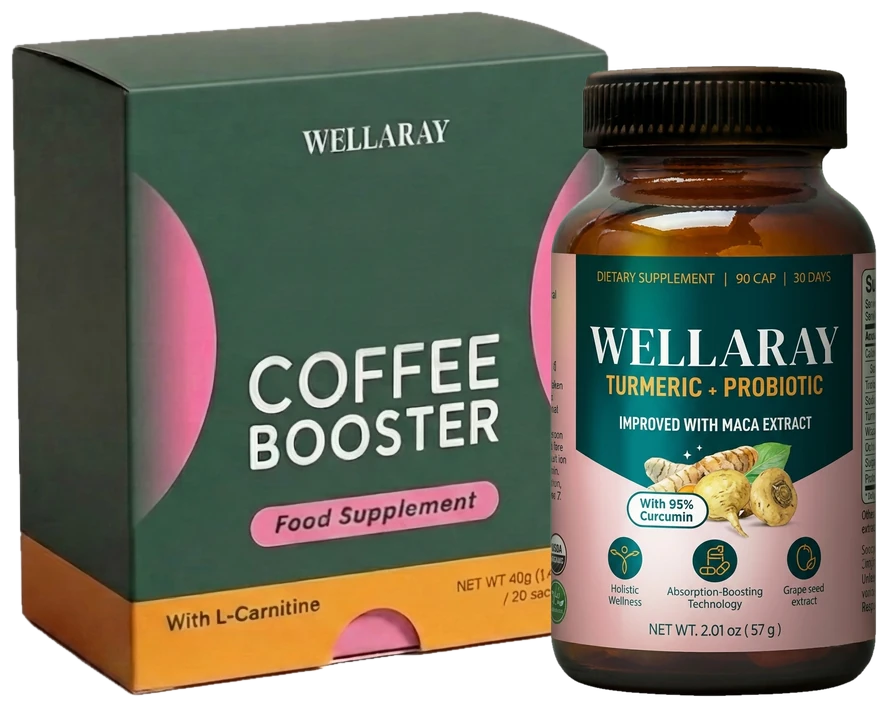 Coffee Booster (box of 20 sachets) next to a bottle of Turmeric + Probiotic Blend
