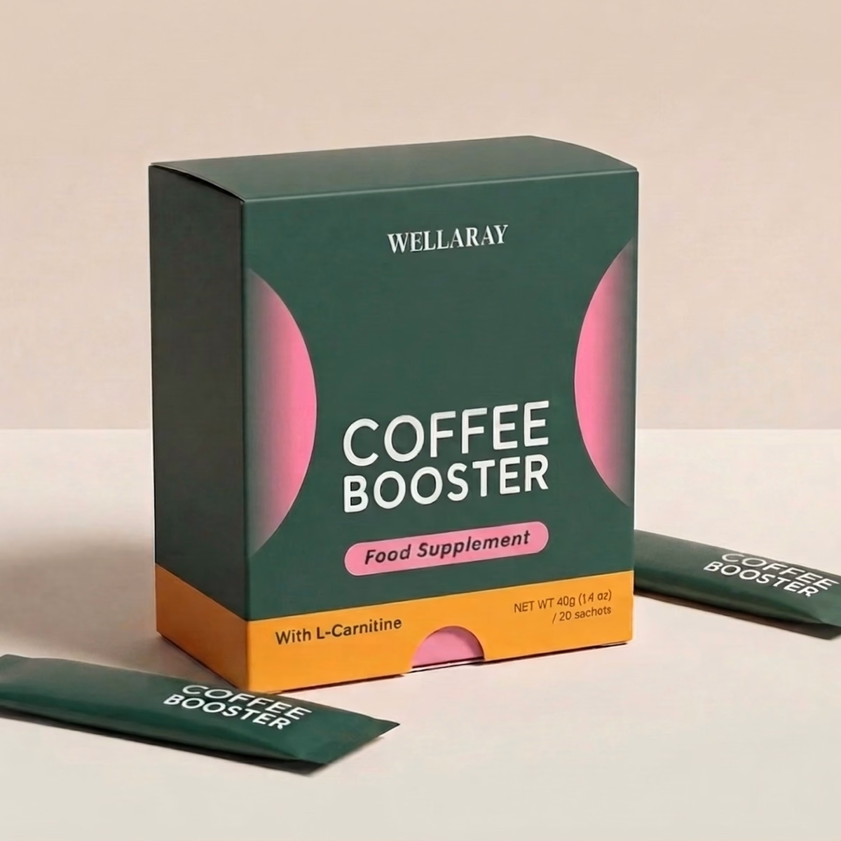 A Wellaray Coffee Booster box with a single sachet in front of it